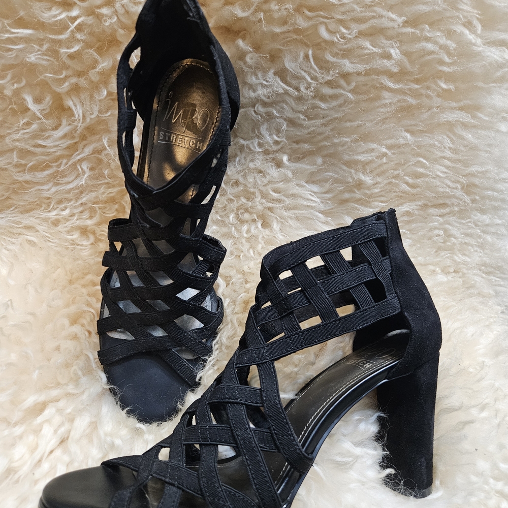 Impo Black Woven Strappy STRETCH and Suede Block Heel Sandal 8M Y2k - Picture 3 of 6